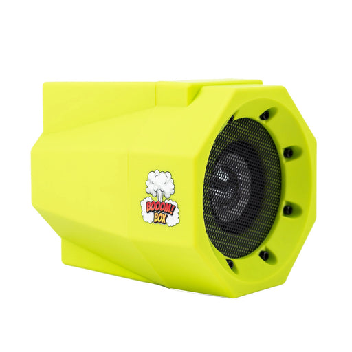 a yellow speaker with a cartoon character on it