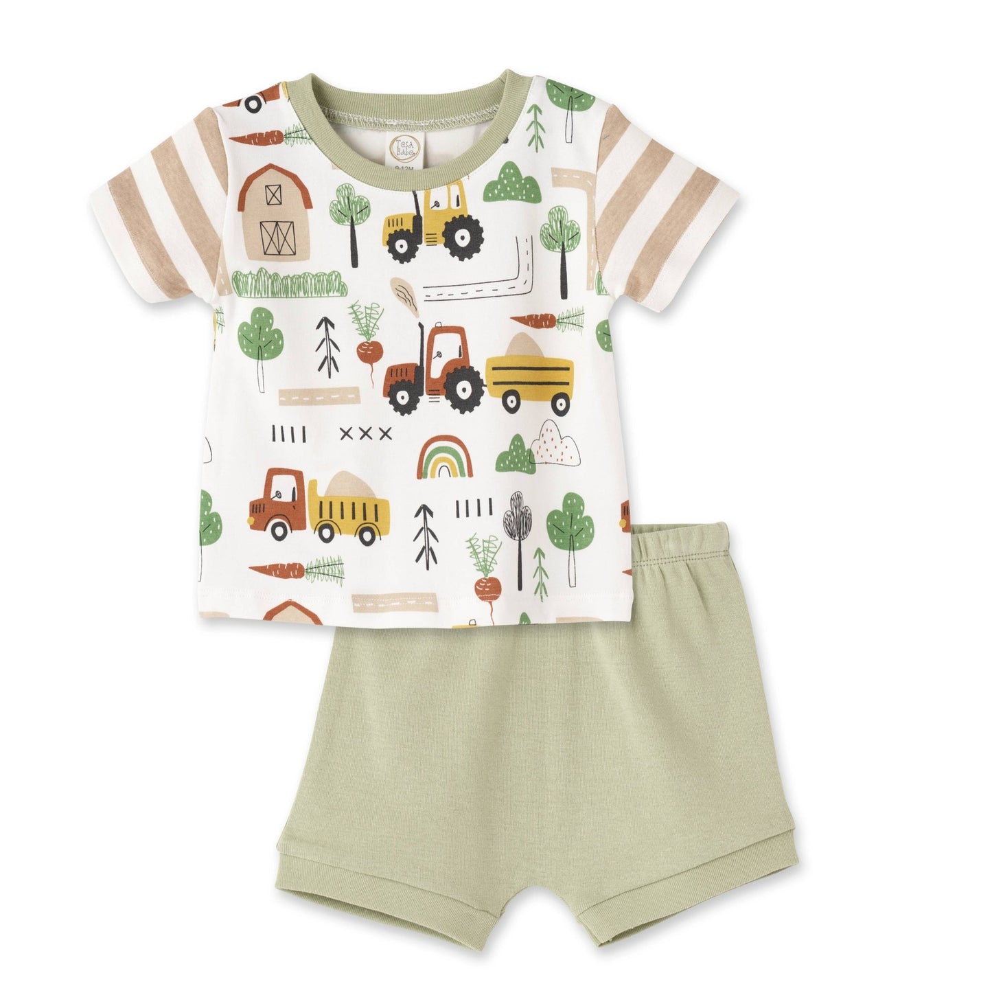 a baby boy's outfit with a construction theme