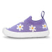 a purple shoe with white flowers on it