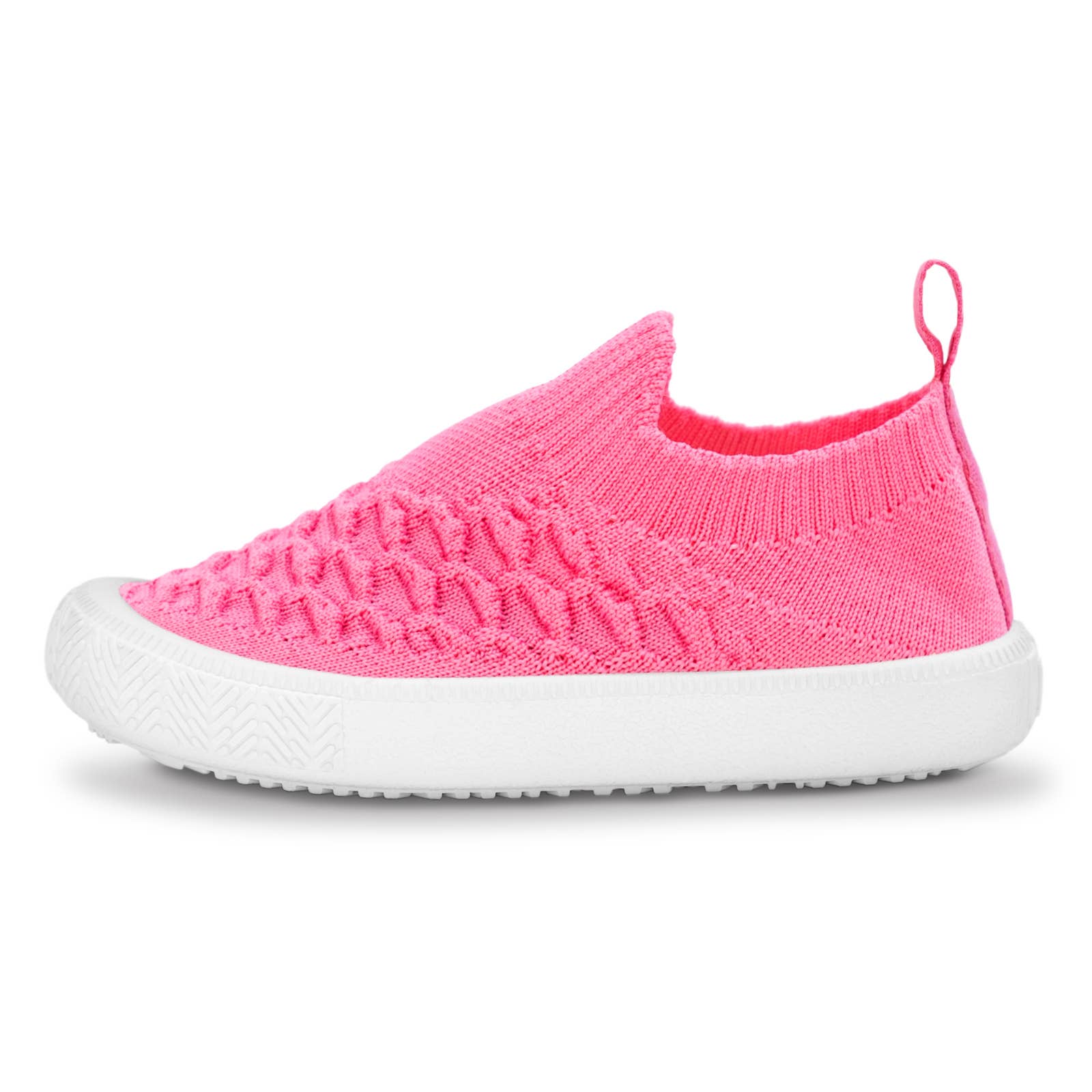 a pink knitted shoe with white soles