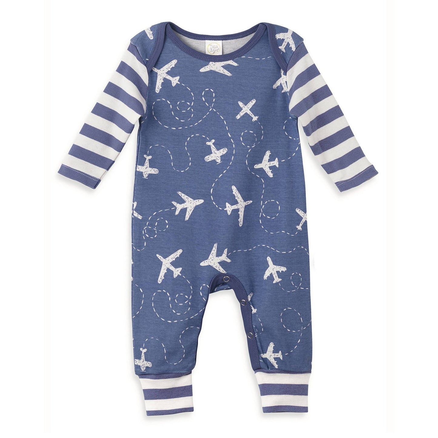 a blue and white striped baby romper with airplanes on it