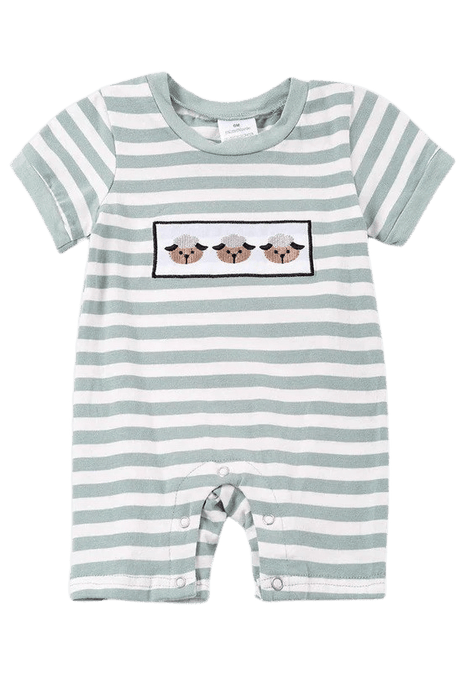 a green and white striped romper with three sheep on it