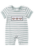 a green and white striped romper with three sheep on it