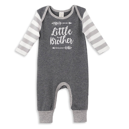 a baby boy's grey and white striped romper with the words little brother