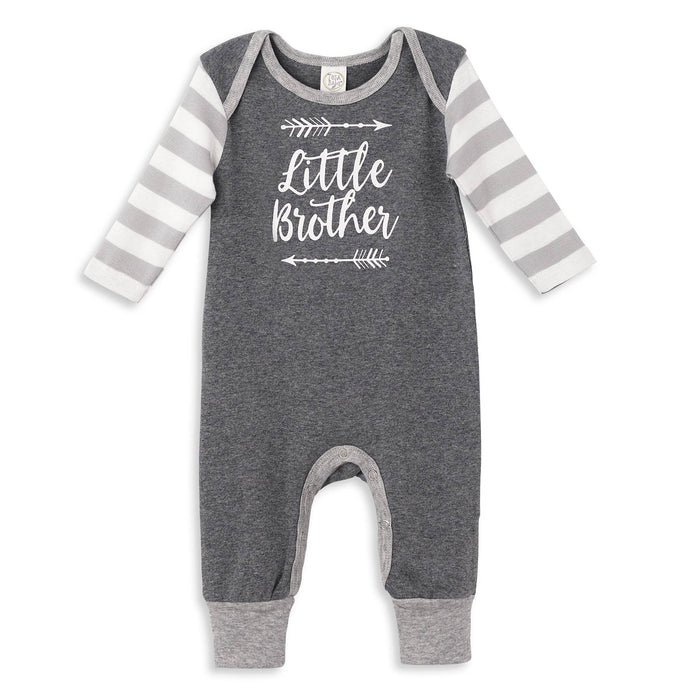 a baby boy's grey and white striped romper with the words little brother