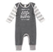 a baby boy's grey and white striped romper with the words little brother