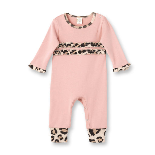 a baby girl's pink and leopard print footie