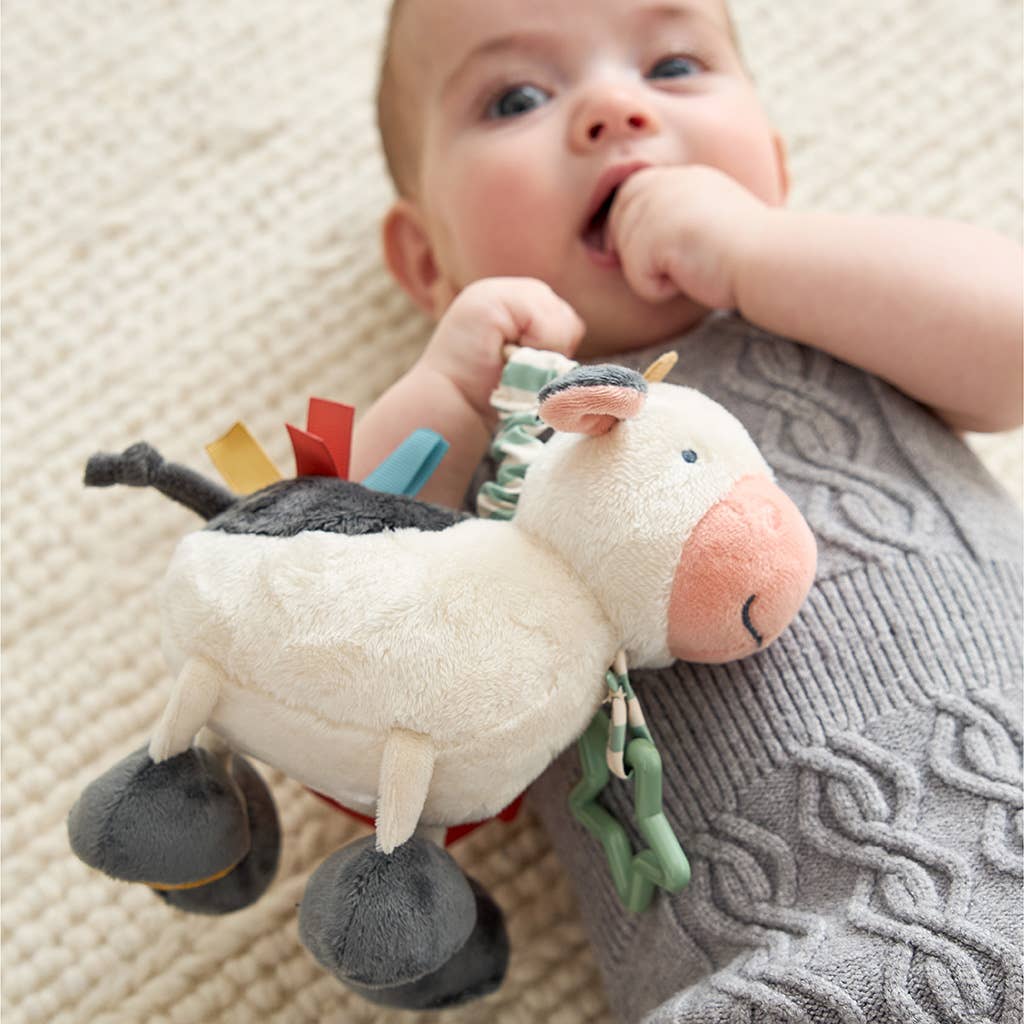 a baby is chewing on a stuffed animal