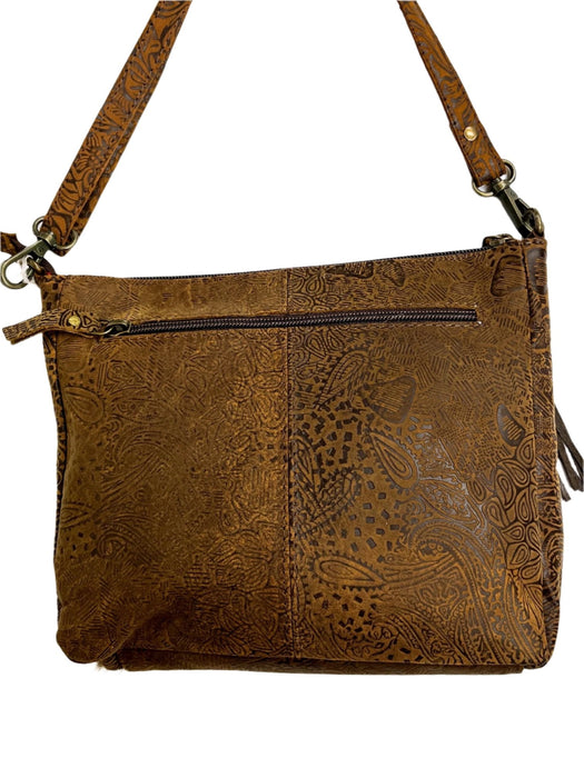 Back view of Cowhide Crossbody purse with Tooled Accent and Fringe