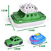 a green toy boat and a green toy car