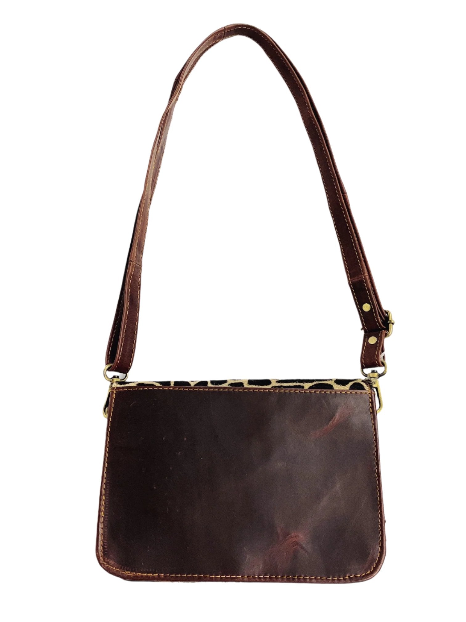 Dark Brown Leather Giraffe Print Crossbody Purse