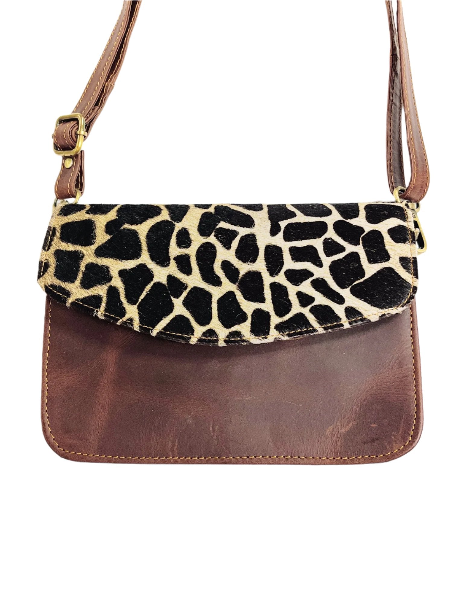 Dark Brown Leather Giraffe Print Crossbody Purse