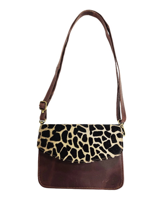 Dark Brown Leather Giraffe Print Crossbody Purse