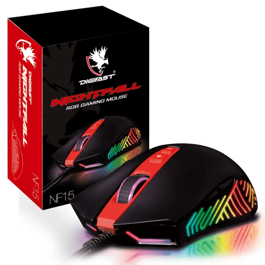 a computer mouse with a red and yellow light on it