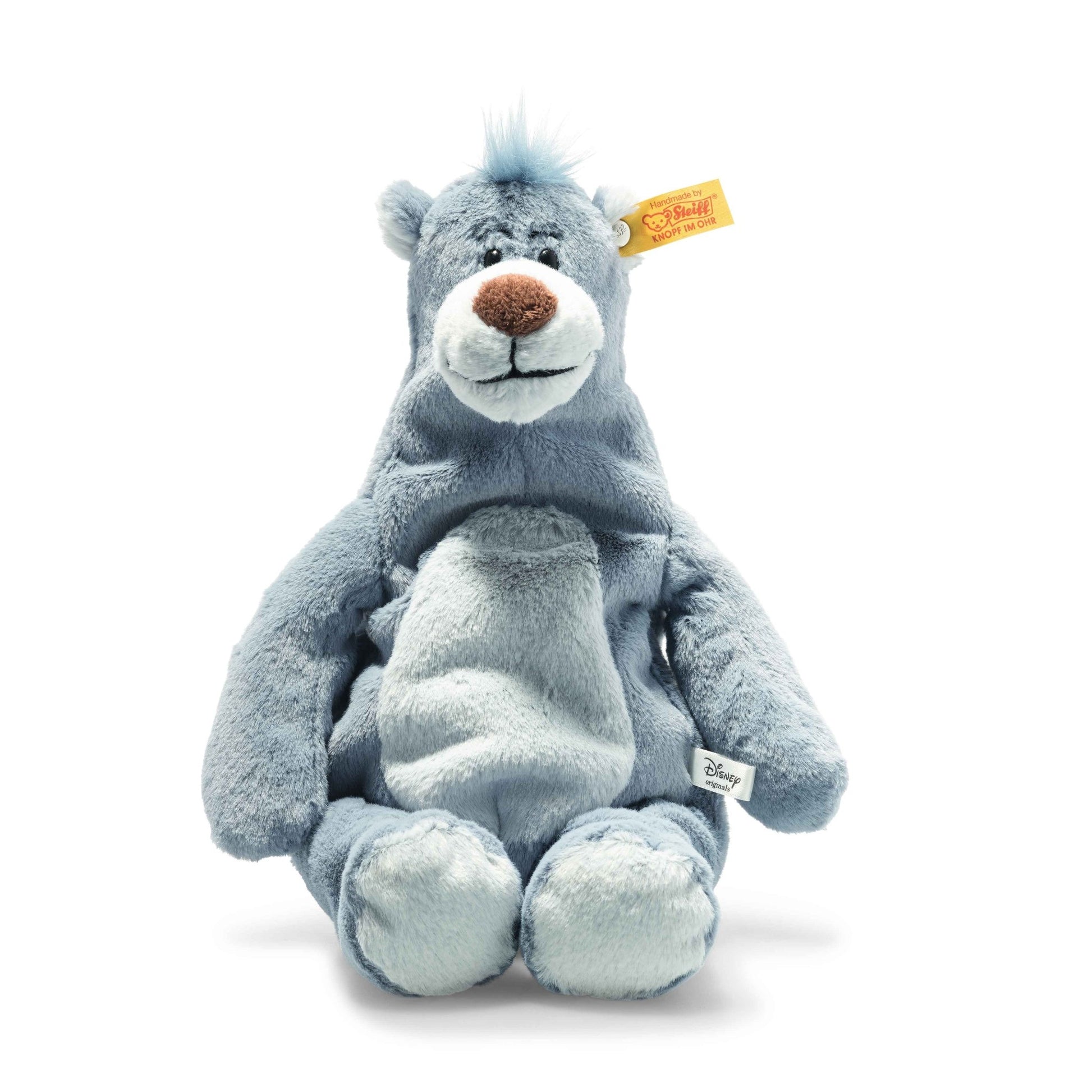 a blue teddy bear with a tag on its ear