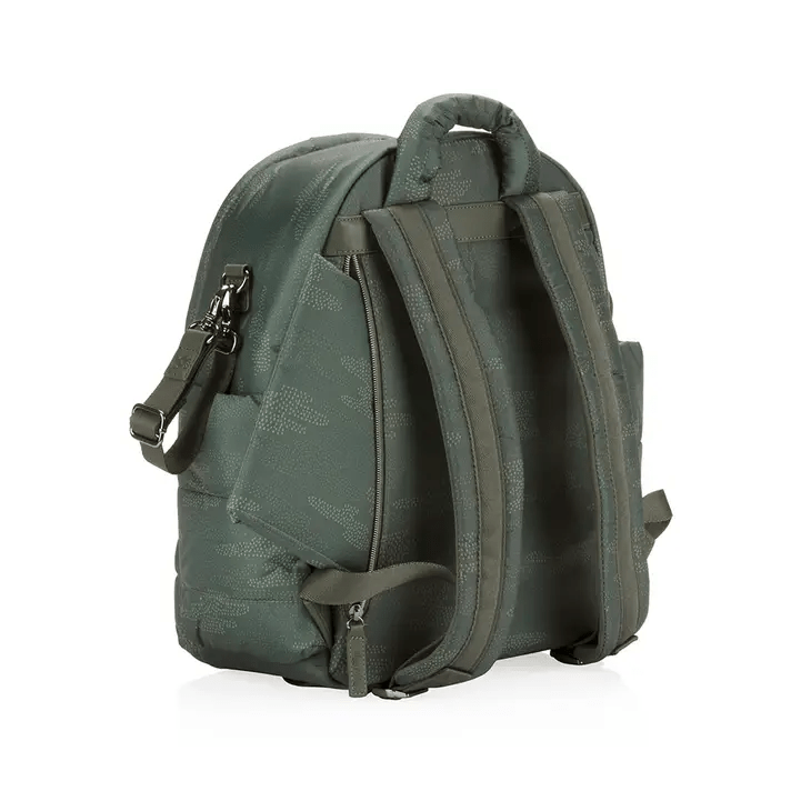 a green diaper bag backpack with a zipper on the front