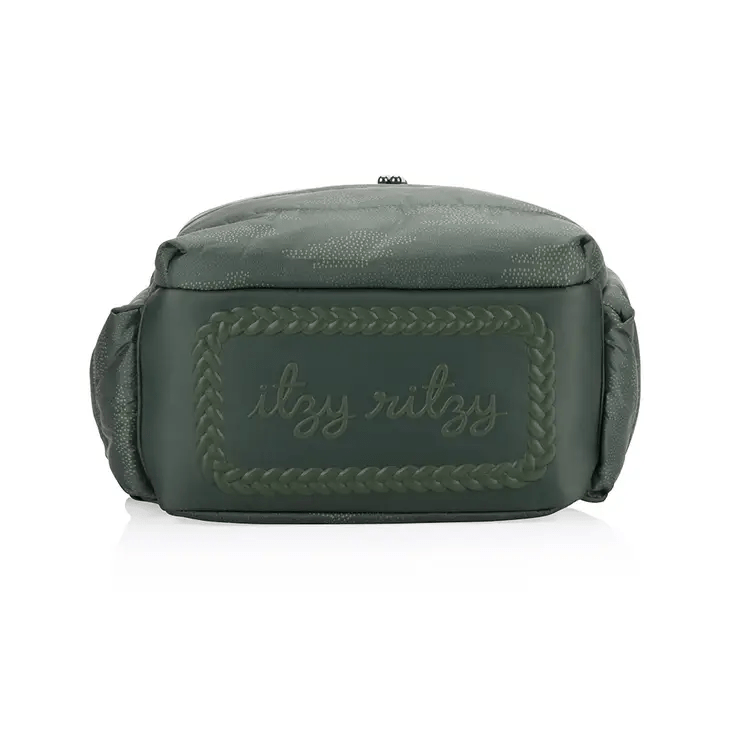 a green cross body bag with a braided logo on bottom