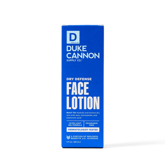 a tube of duke cannon dry defense face lotion