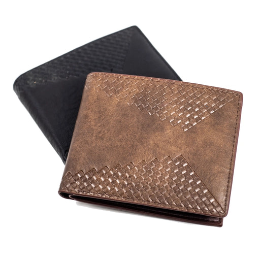 a brown leather men's wallet with hatch weave design on a black wallet on white background