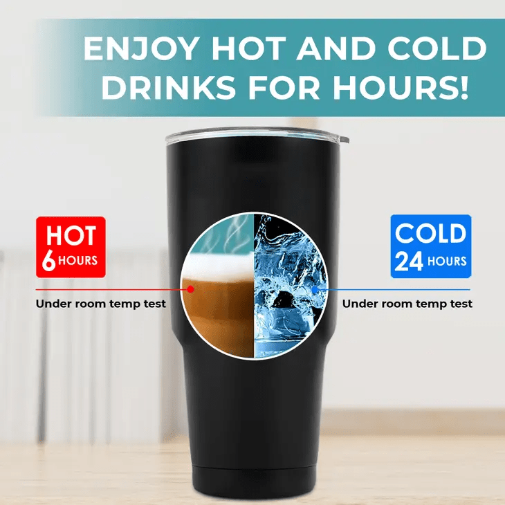 a black tumbler cup with a picture of a cold beverage