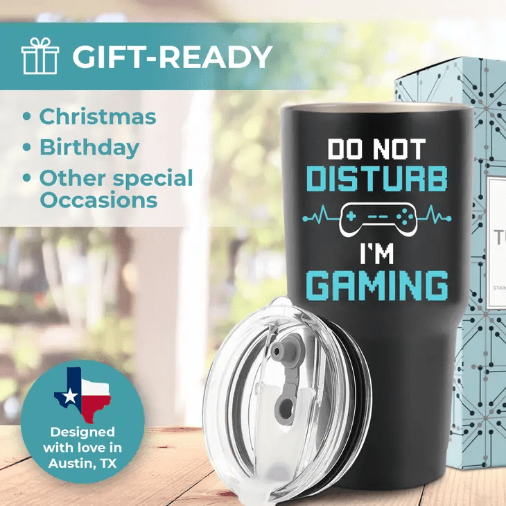 a black tumbler with the words do not disturb i'm gaming on it