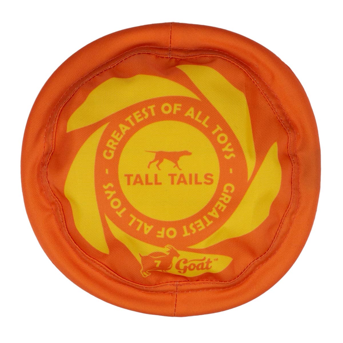 an orange and yellow frisbee with a dog on it