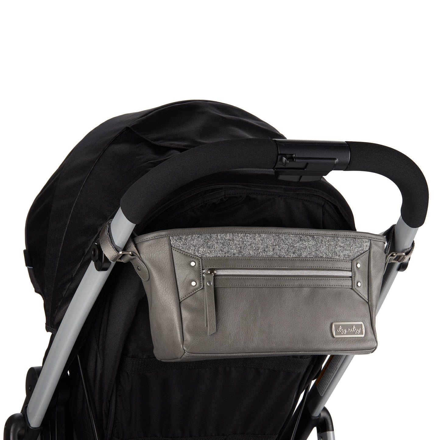 a stroller with a gray stroller caddy