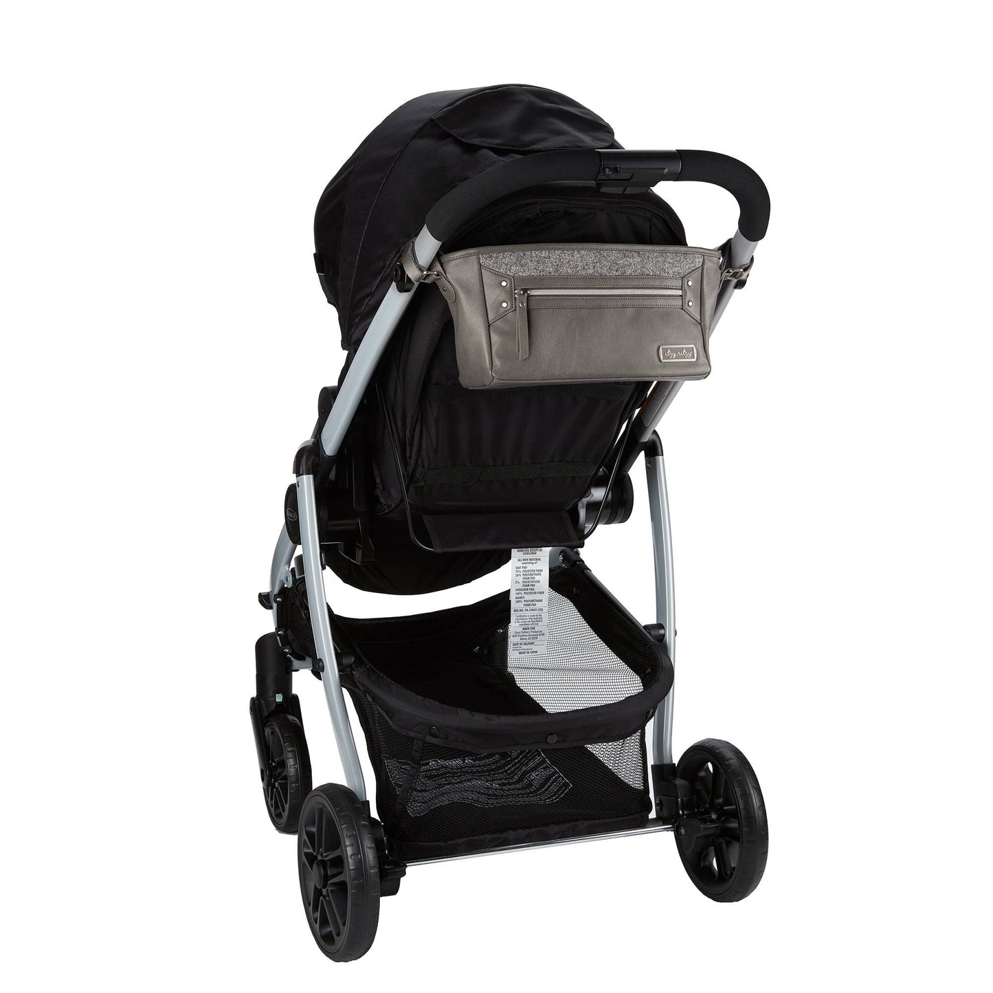 a black stroller with a gray stroller caddy