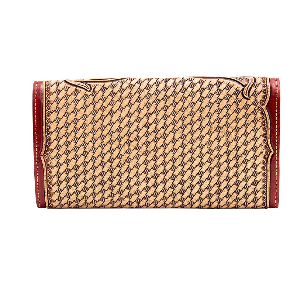 a brown and red wallet