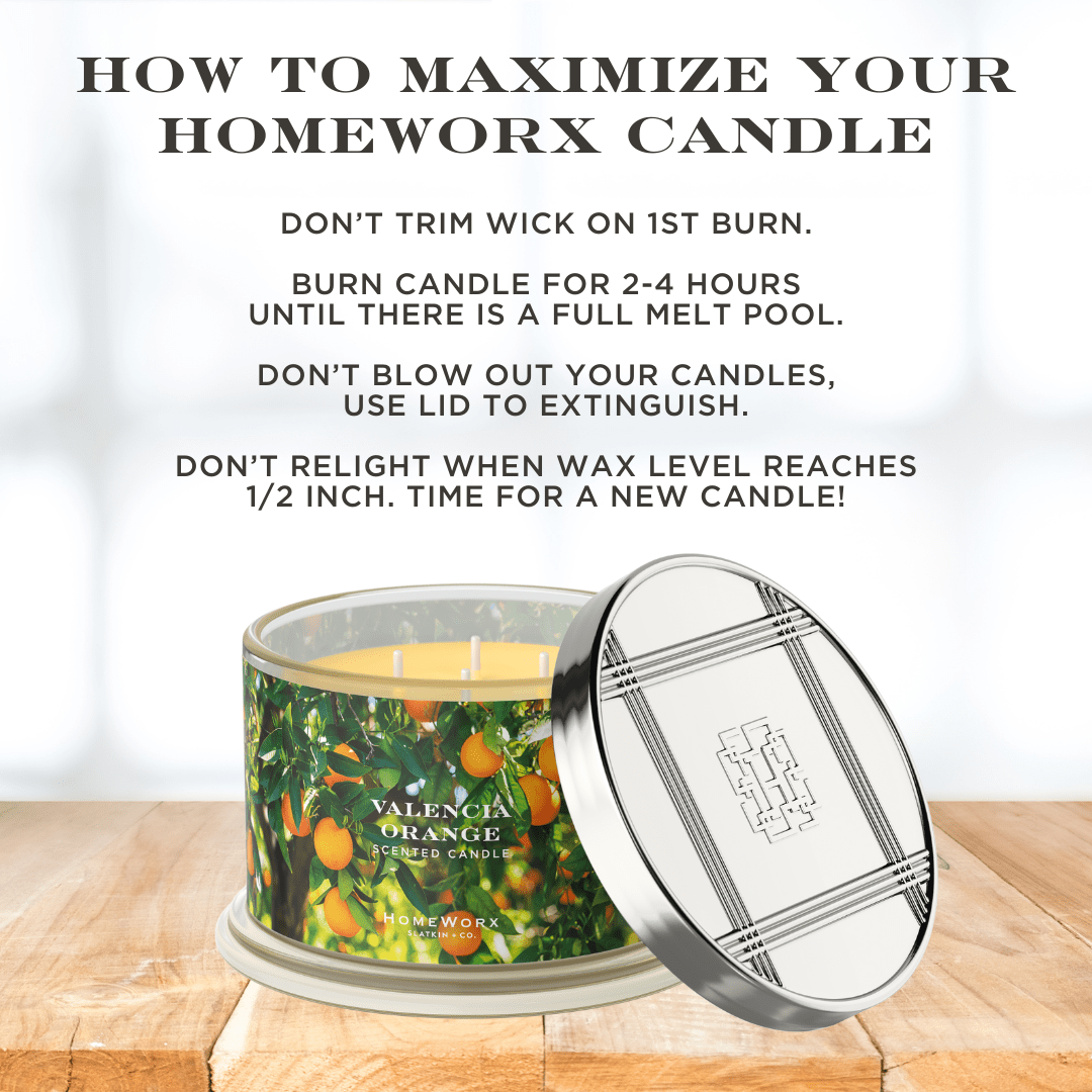 Valencia Orange 4-Wick Candle on white background with tips on how to maximize your Homeworx candle