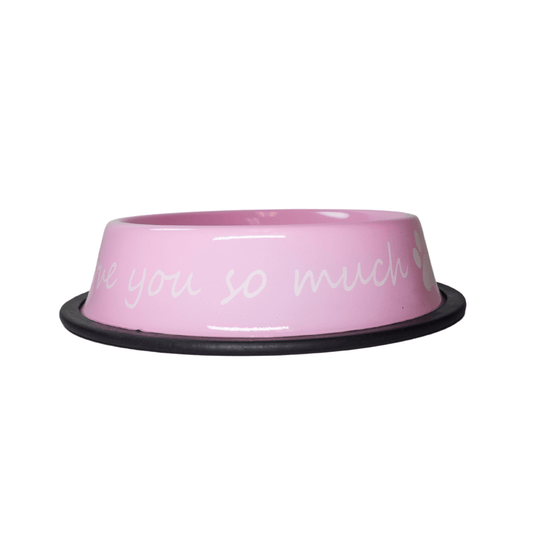 a pink dog bowl with the words you so much written on it