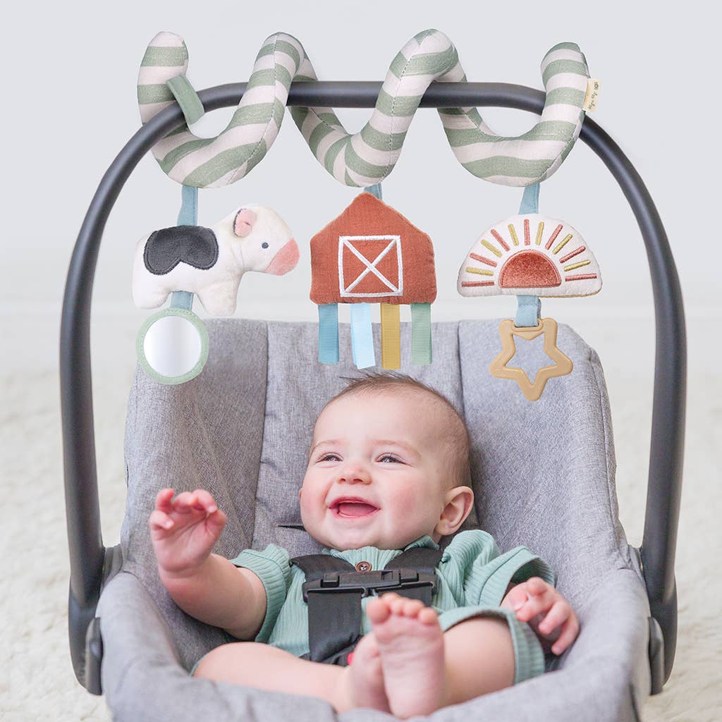 a baby is sitting in a baby car seat with an activity toy attached to the handle