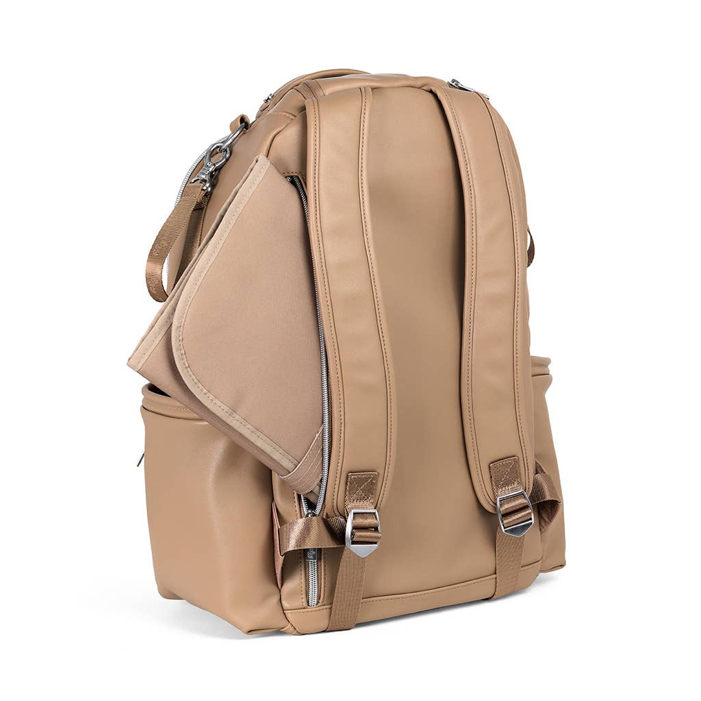 a tan backpack with two zippers on the front