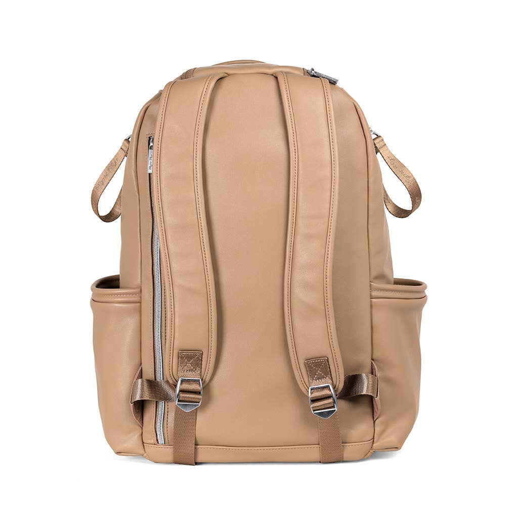 a tan backpack with two zippers on the front