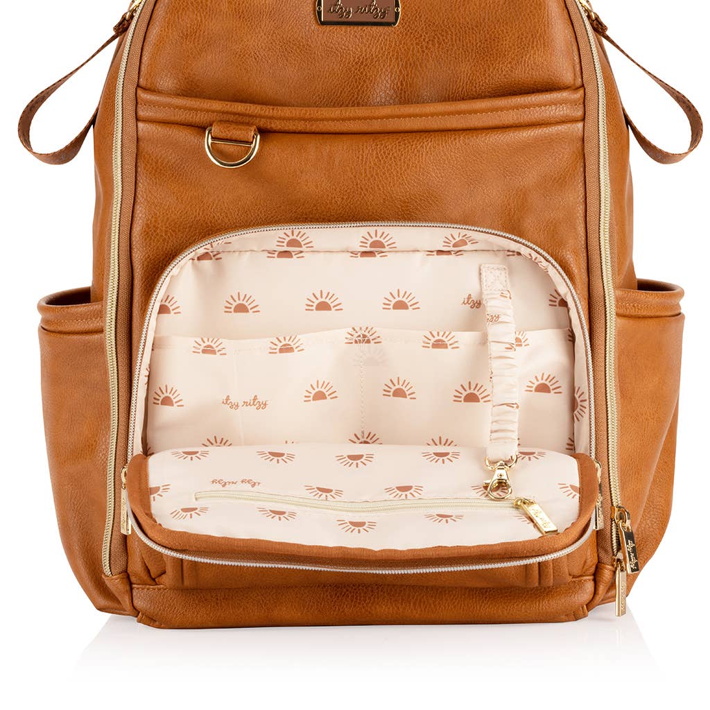 a brown backpack with a white back pack