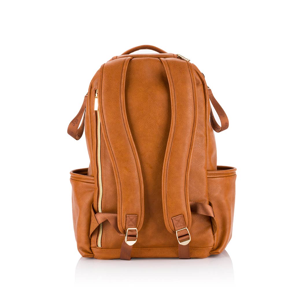 a tan leather backpack with two compartments