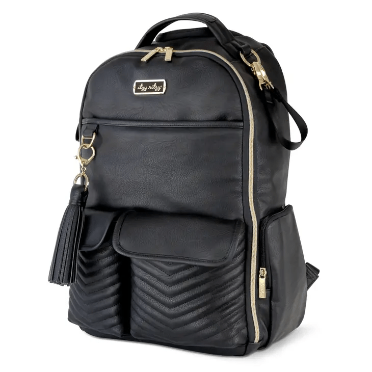 a black backpack with a gold zipper