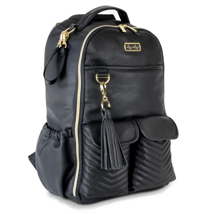 a black backpack with a tasselled strap