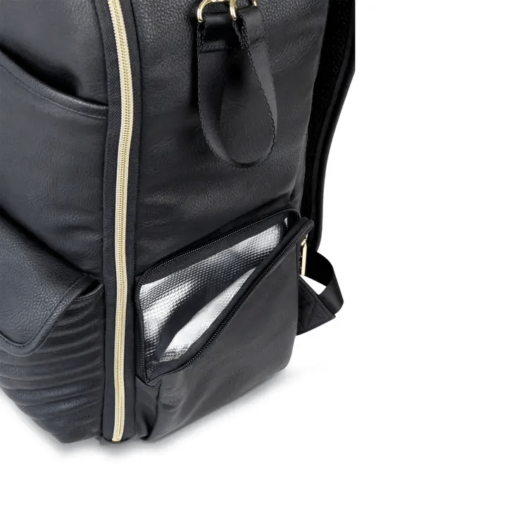 a black backpack with a zipper on the side