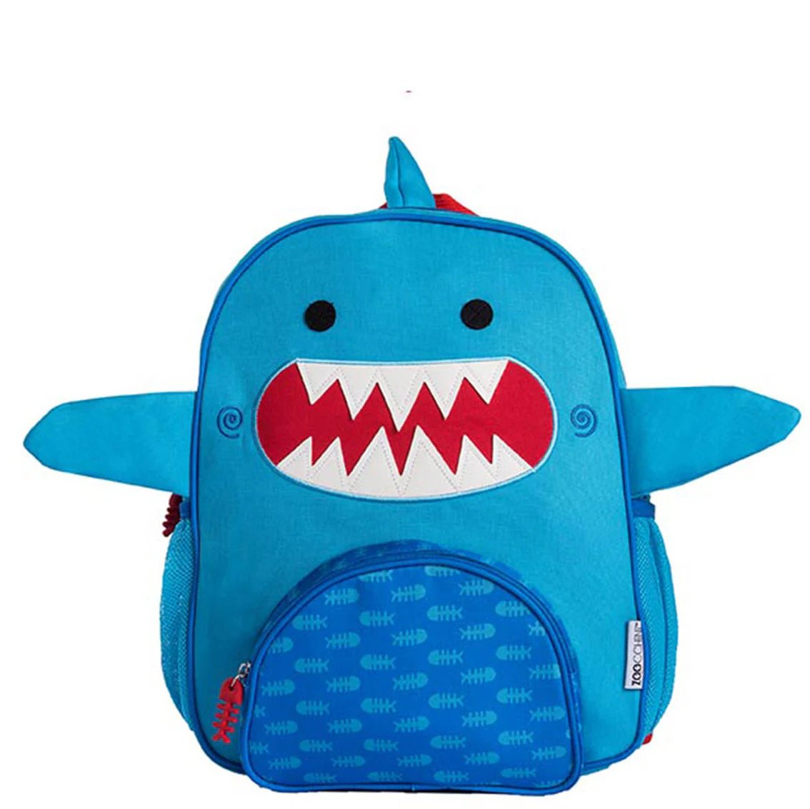 a blue backpack with a shark face on it