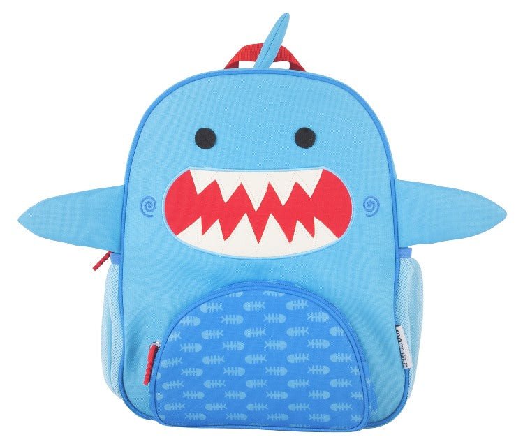 a blue backpack with a shark face on it