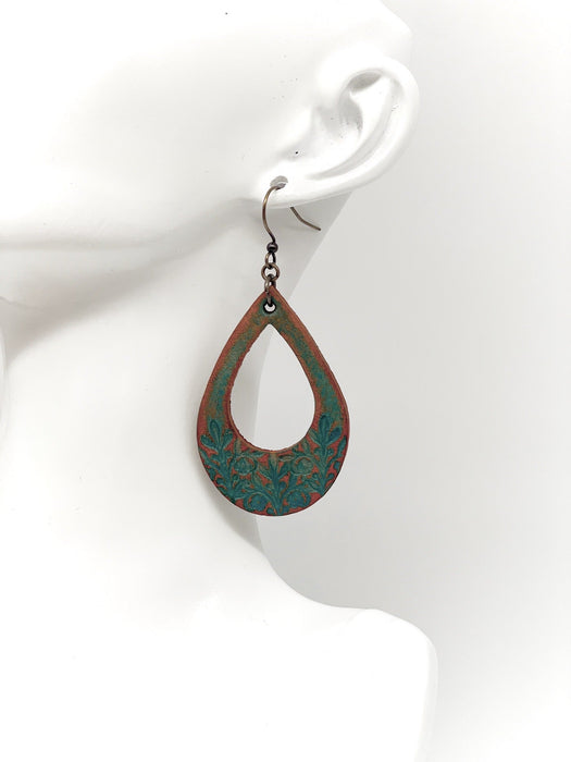 antique blue-green leather stamped earring