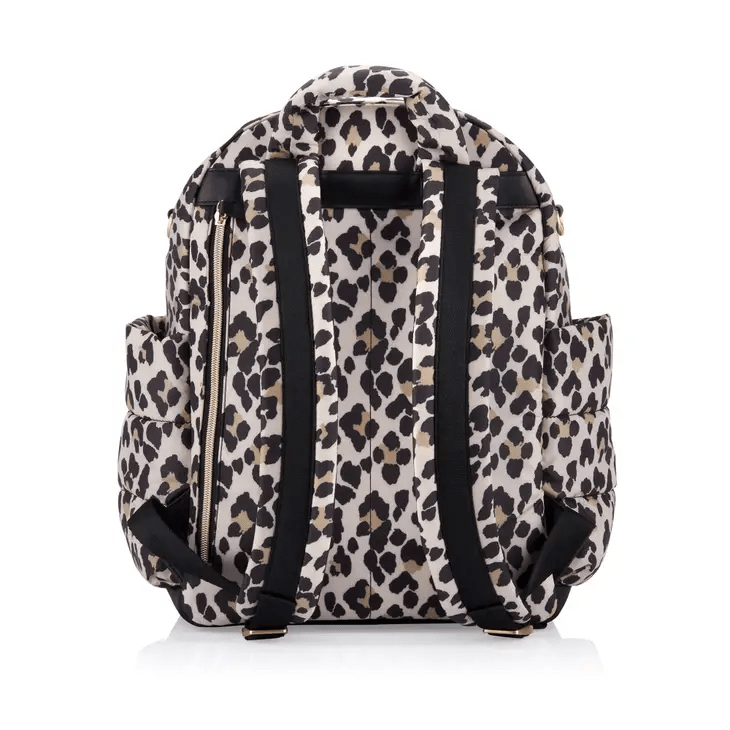 a leopard print backpack on a white background