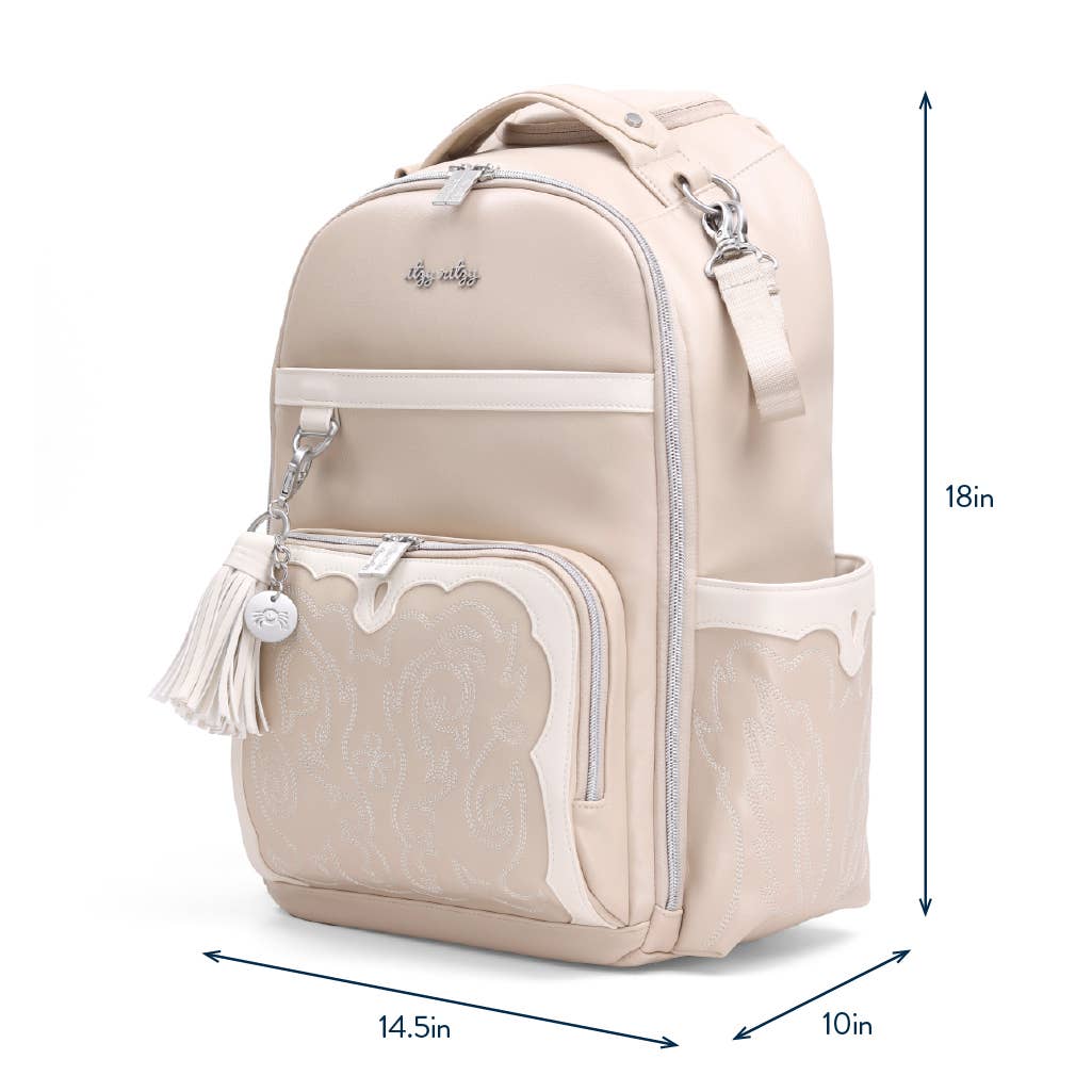 a white backpack with a tassel on the front