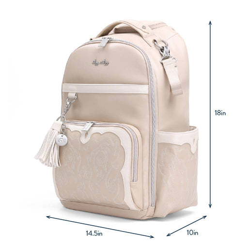 a white backpack with a tassel on the front