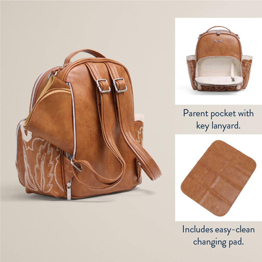 a brown leather backpack with a picture of a horse on it