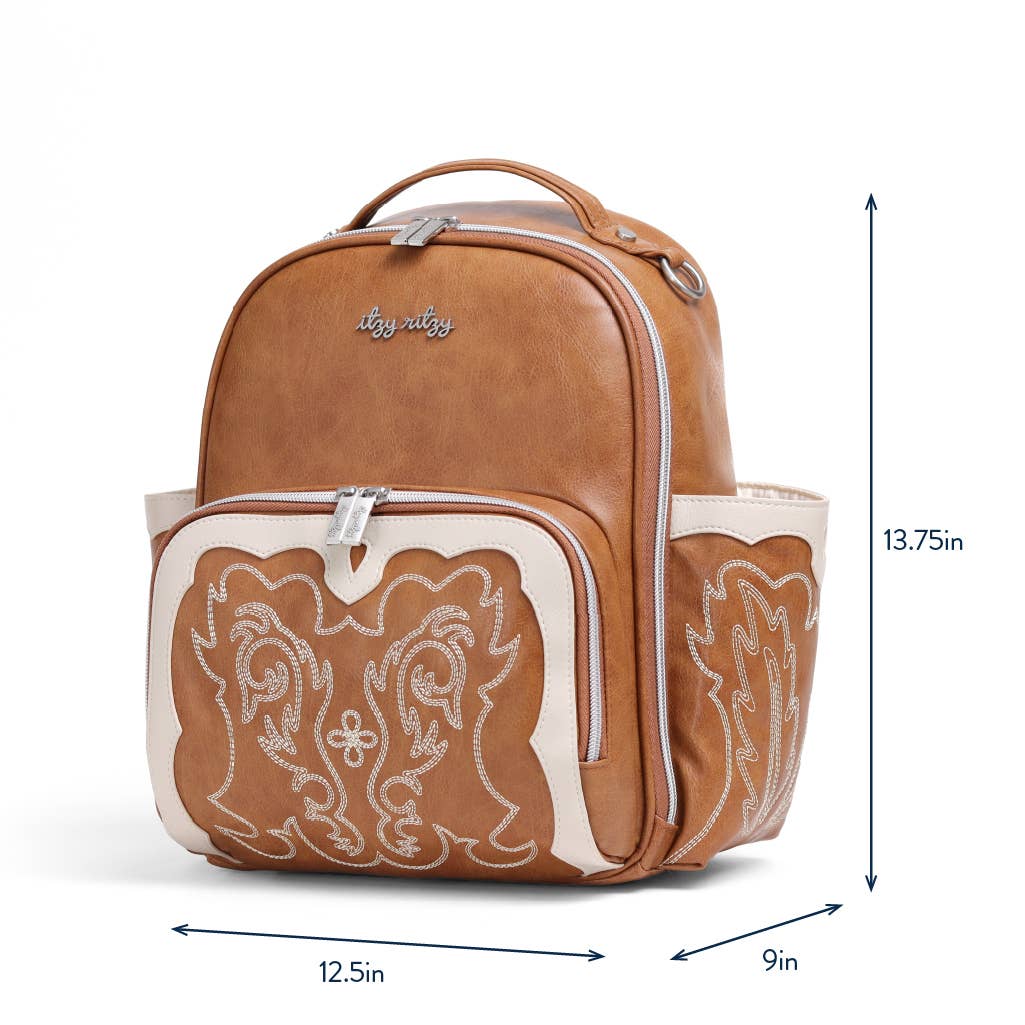 a brown and white backpack with a design on it