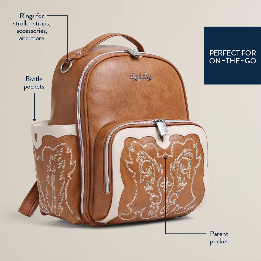 a brown and white backpack with the words perfect for on - the - go written