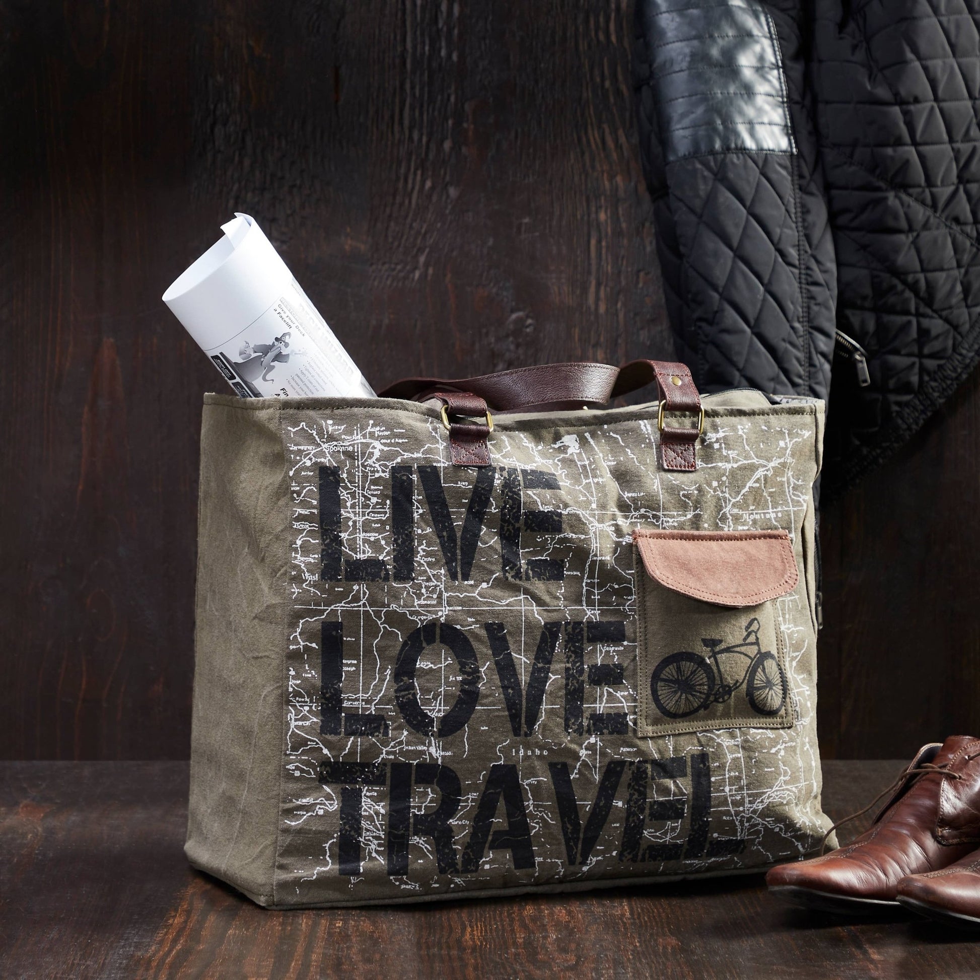 a bag sitting on top of a wooden table