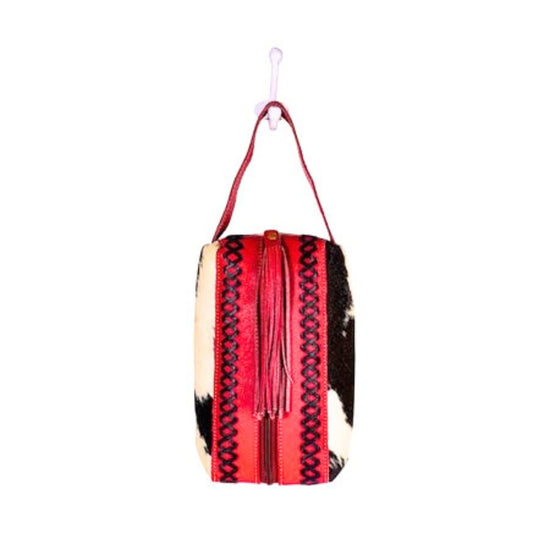 Luxe Hair-On Hide And Red Leather Cosmetic Bag With Zipper-Closure And Tassel